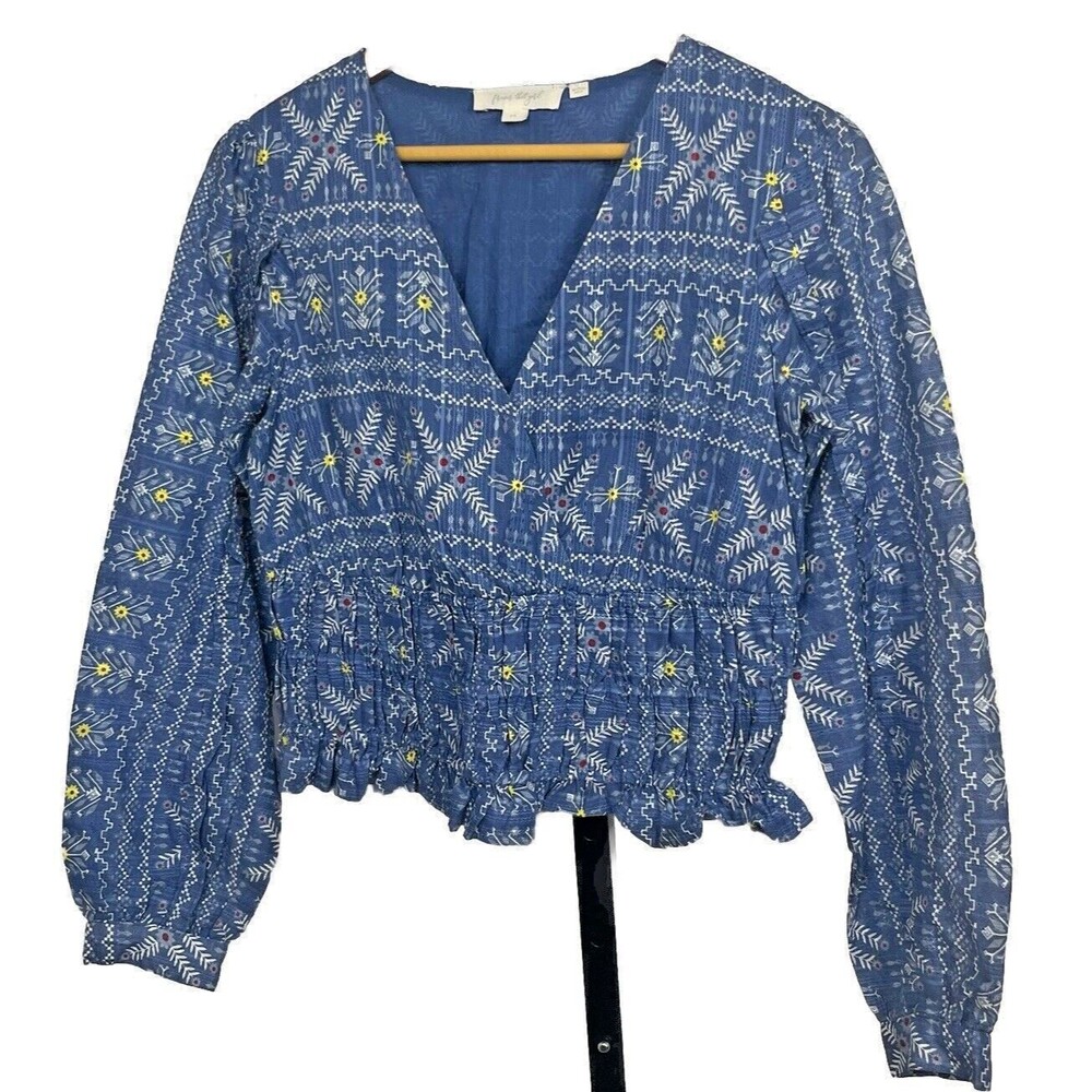 Anthropologie Cropped Top Smocked Ruffle XS Blue Blouse Boho Puff Sleeve Cottage